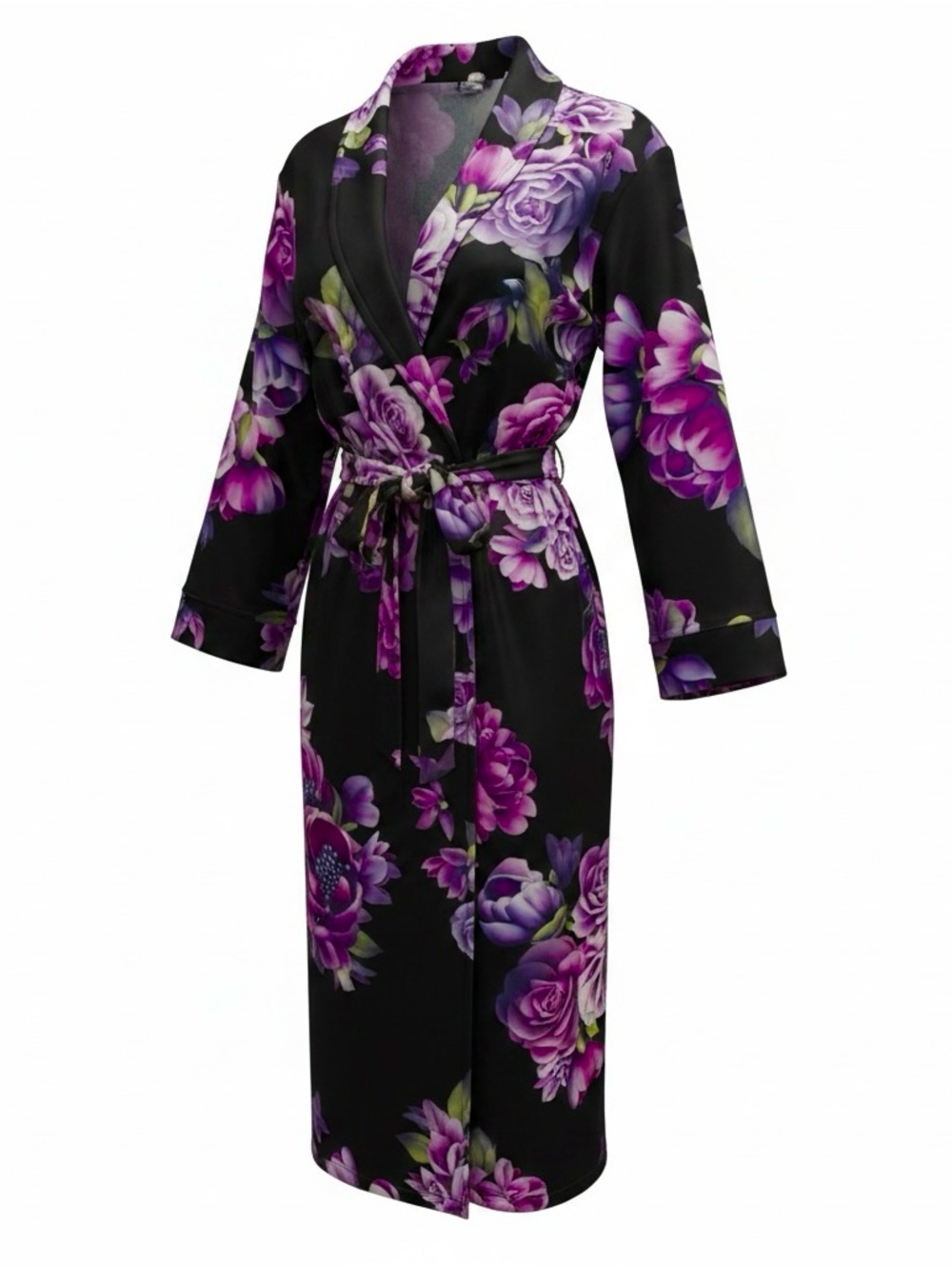 La Vie En Rose Black velour Robe with Purple Floral Print - Picture 3 of 9
